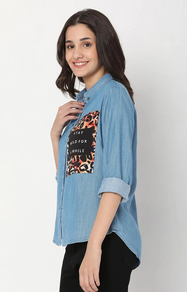 Spykar Women Ice Blue Cotton Full Sleeve Denim Shirts