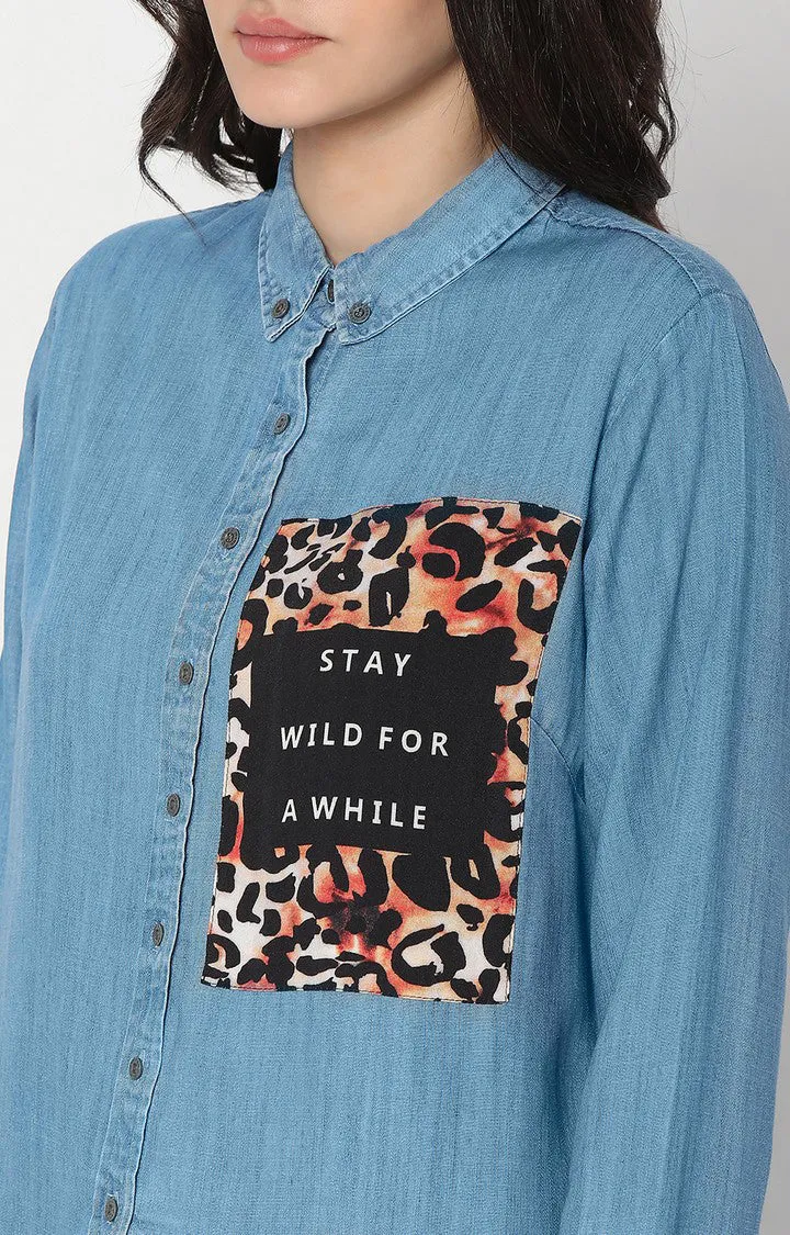 Spykar Women Ice Blue Cotton Full Sleeve Denim Shirts