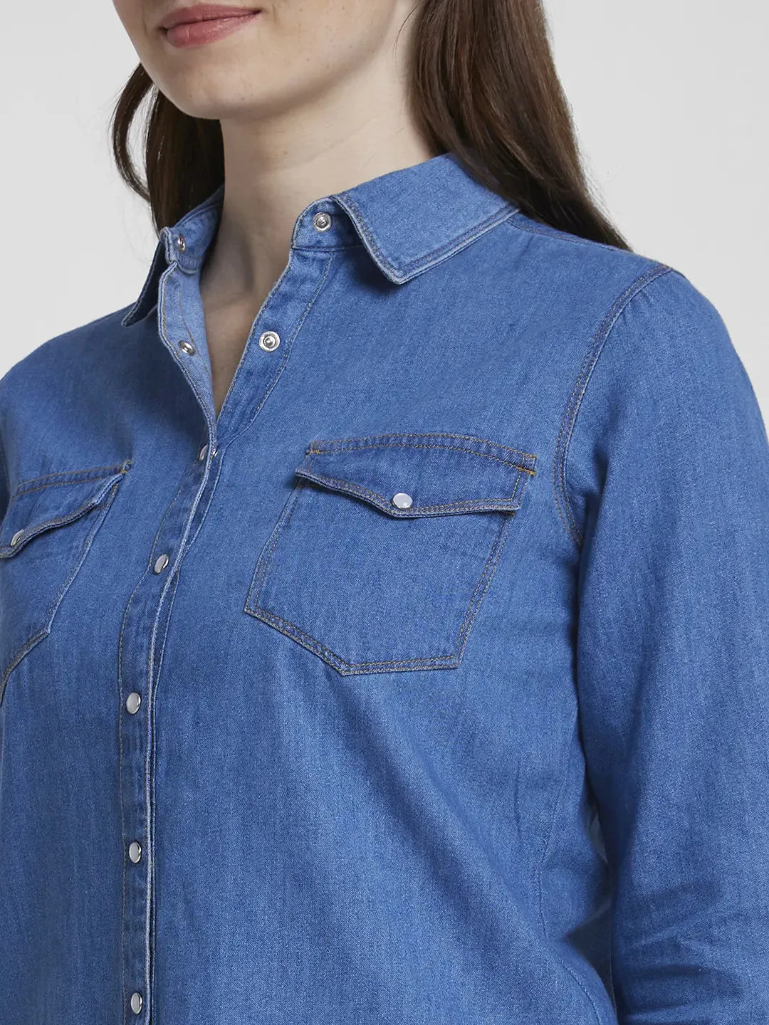 Spykar Women Light Blue Cotton Regular Fit Full Sleeve Plain Shirt