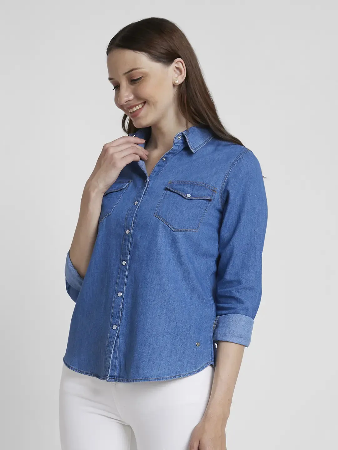 Spykar Women Light Blue Cotton Regular Fit Full Sleeve Plain Shirt
