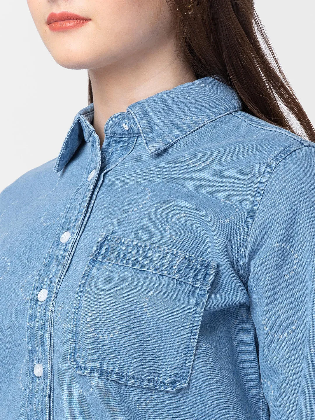 Spykar Women Light Blue Cotton Slim Fit Denim Shirts