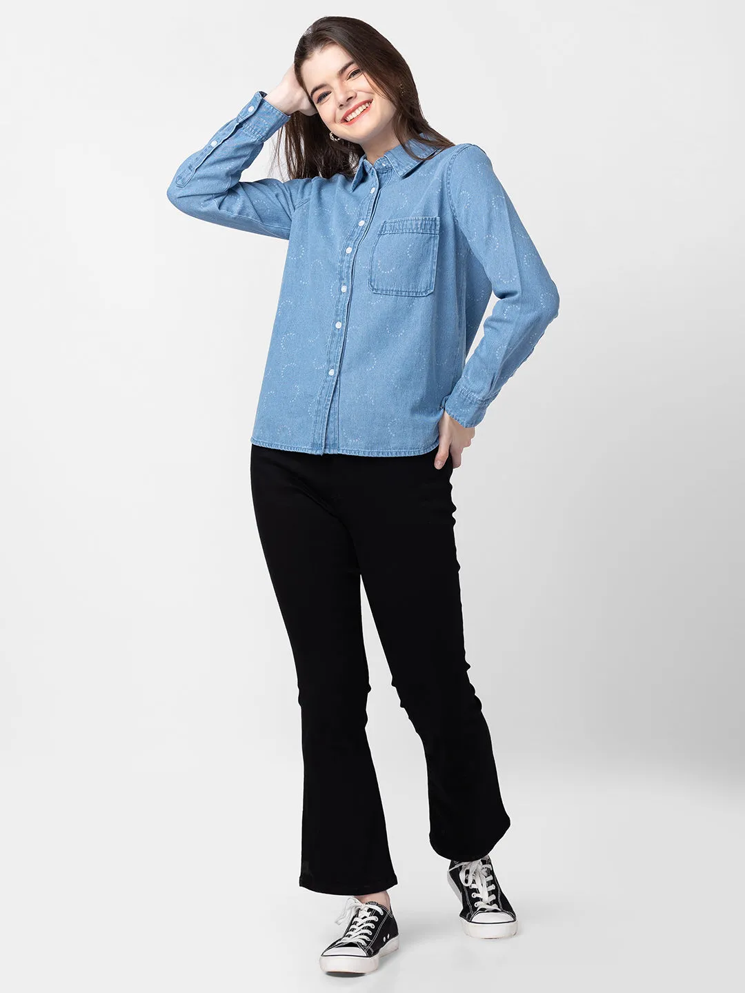 Spykar Women Light Blue Cotton Slim Fit Denim Shirts