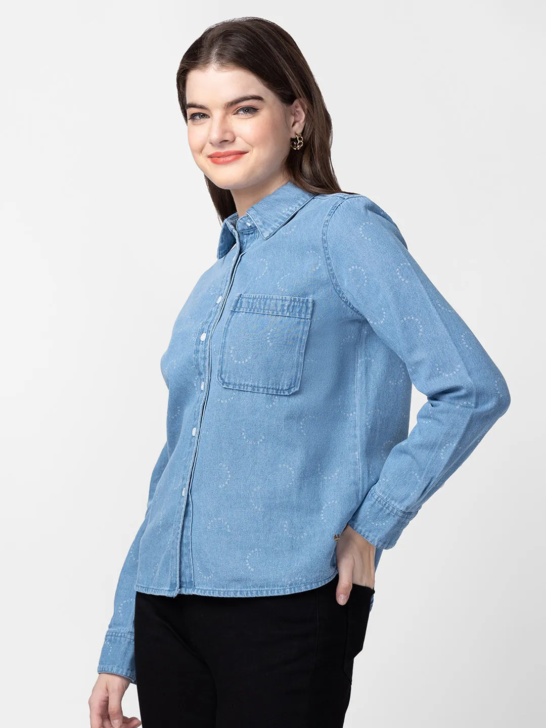 Spykar Women Light Blue Cotton Slim Fit Denim Shirts