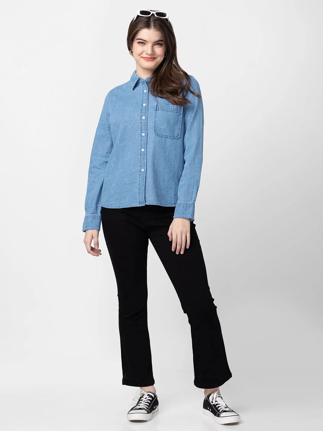 Spykar Women Light Blue Cotton Slim Fit Denim Shirts
