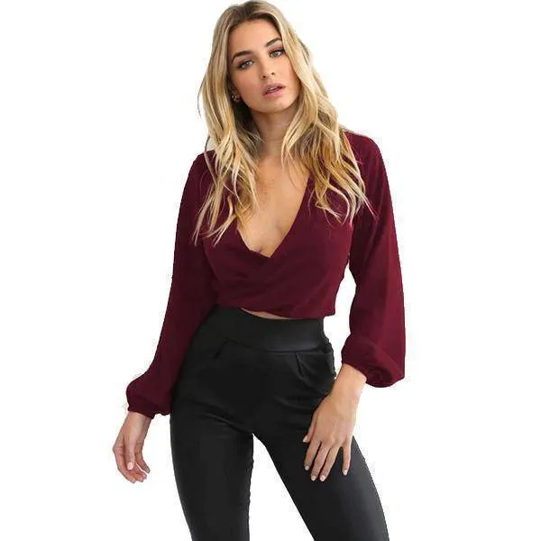 Summer Women Sexy Chiffon Deep-V Neck Backless Bow Short Blouse Full Sleeve Club Party Shirts (US 6-14)