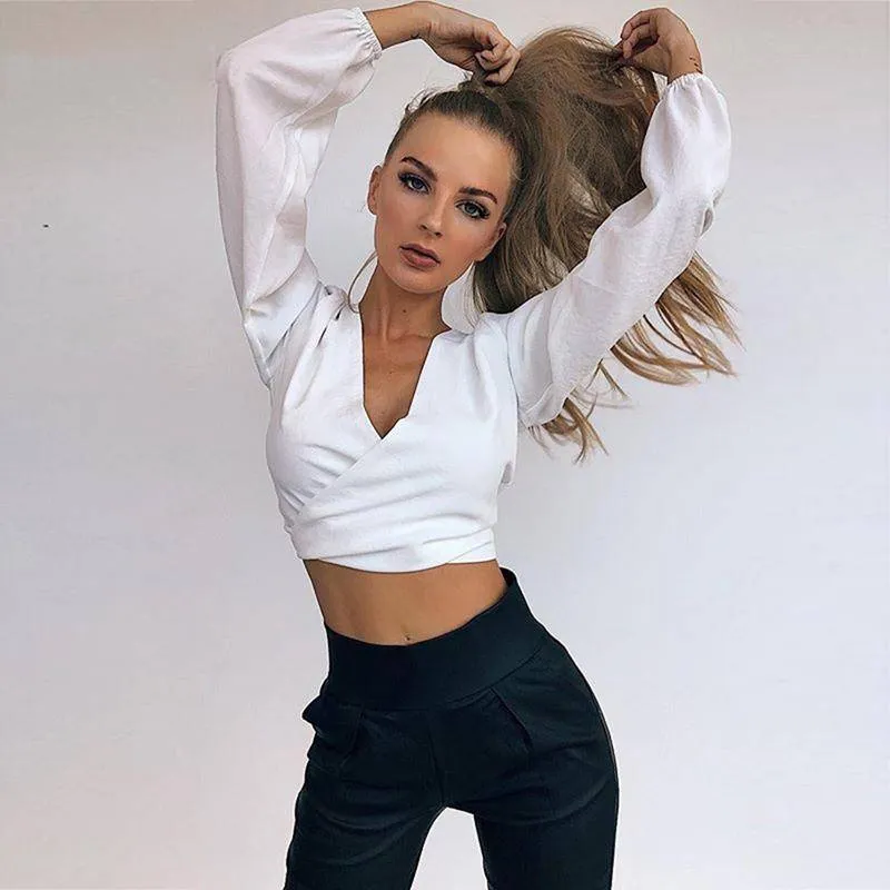 Summer Women Sexy Chiffon Deep-V Neck Backless Bow Short Blouse Full Sleeve Club Party Shirts (US 6-14)