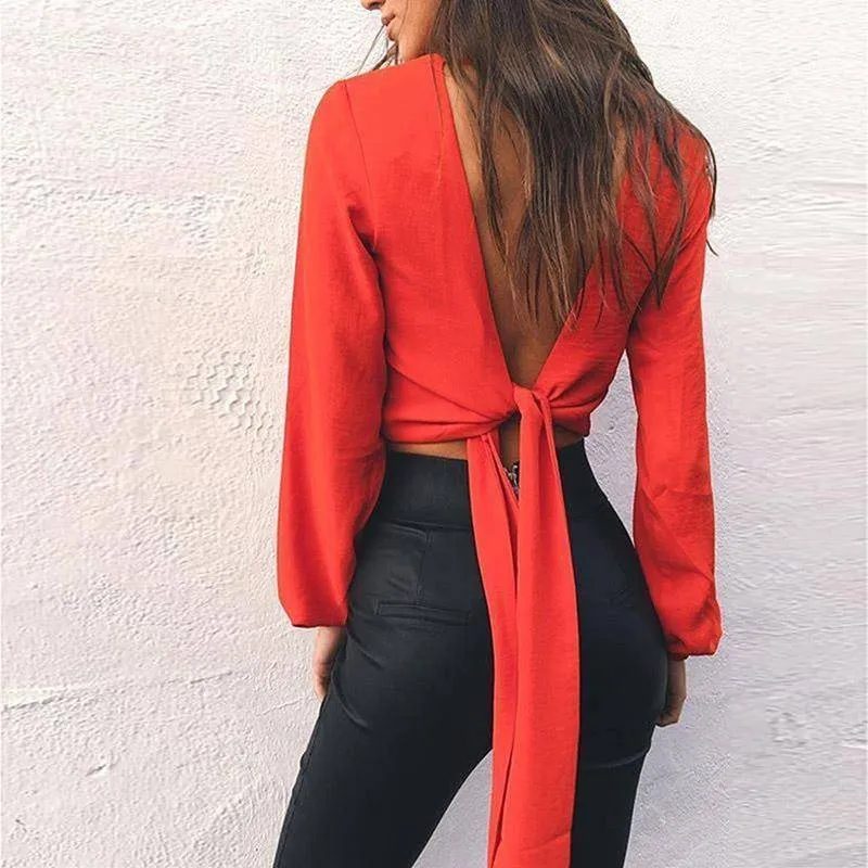 Summer Women Sexy Chiffon Deep-V Neck Backless Bow Short Blouse Full Sleeve Club Party Shirts (US 6-14)