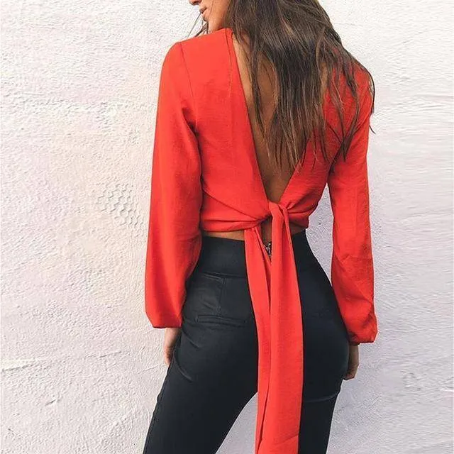 Summer Women Sexy Chiffon Deep-V Neck Backless Bow Short Blouse Full Sleeve Club Party Shirts (US 6-14)