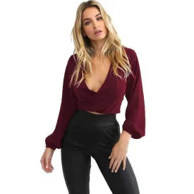 Summer Women Sexy Chiffon Deep-V Neck Backless Bow Short Blouse Full Sleeve Club Party Shirts (US 6-14)