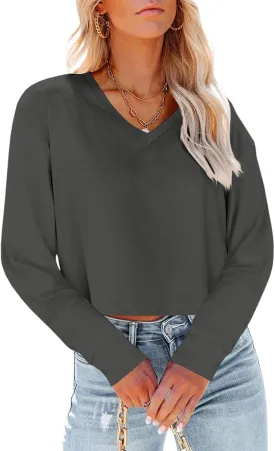 Tankaneo Womens V Neck Cropped T Shirts Casual Summer Crop Tops Half Sleeve Solid Color Crop Baisc Tees