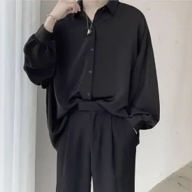 TOLEET-Black Long-sleeved Shirts Men Korean Comfortable Blouses Casual Loose Single Breasted Shirt With Tie