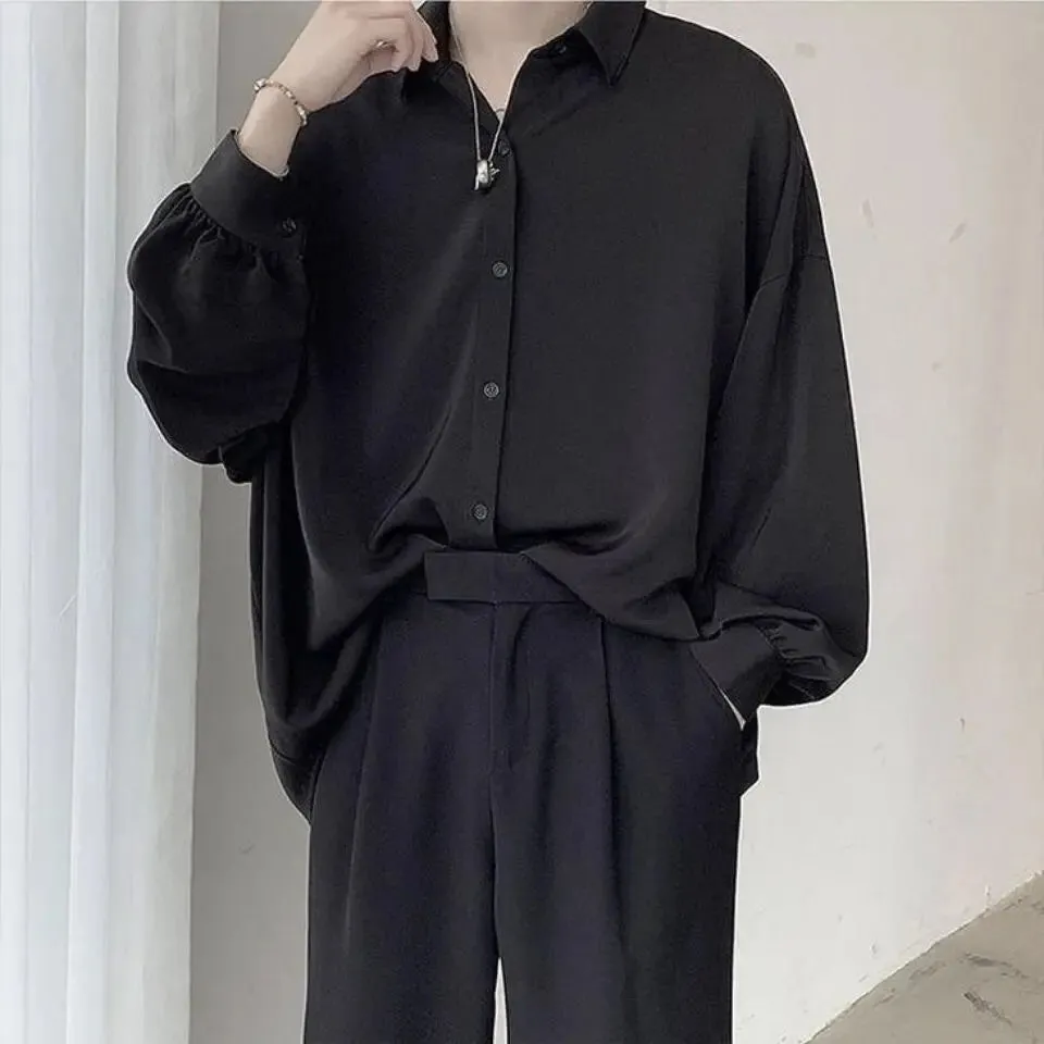 TOLEET-Black Long-sleeved Shirts Men Korean Comfortable Blouses Casual Loose Single Breasted Shirt With Tie