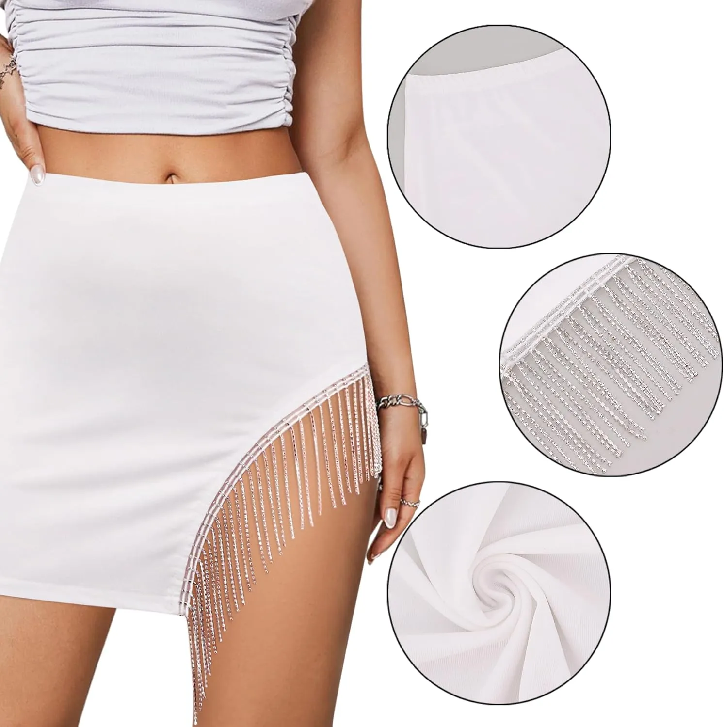 TYNORA Women's Shiny Fringe Rhinestone Slit Hem High Waisted Sexy Bodycon Mini Skirt Dance Party Dress
