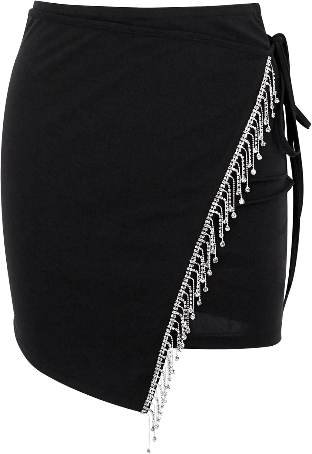 TYNORA Women's Shiny Fringe Rhinestone Slit Hem High Waisted Sexy Bodycon Mini Skirt Dance Party Dress