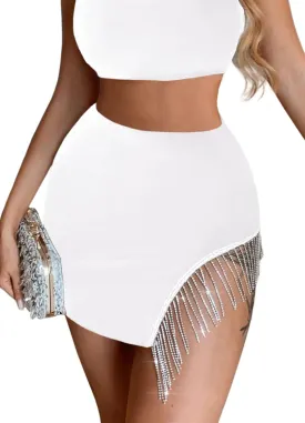 TYNORA Women's Shiny Fringe Rhinestone Slit Hem High Waisted Sexy Bodycon Mini Skirt Dance Party Dress