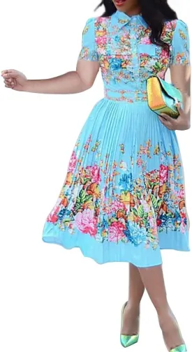 VERWIN Lapel Three-Quarter Sleeve Knee Length Pleated Floral Women's Sheath Dress