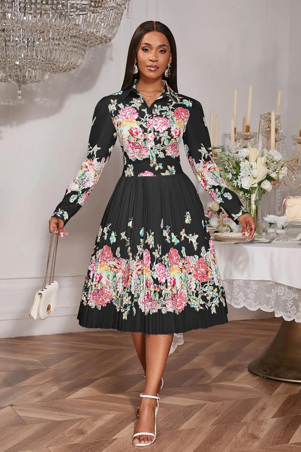 VERWIN Lapel Three-Quarter Sleeve Knee Length Pleated Floral Women's Sheath Dress