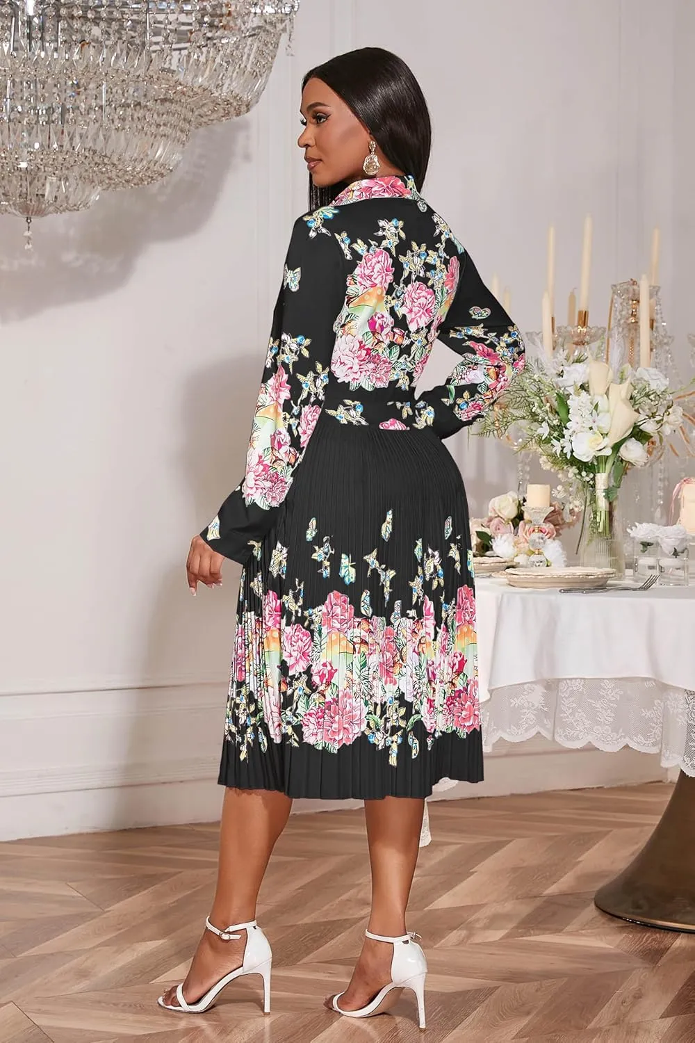 VERWIN Lapel Three-Quarter Sleeve Knee Length Pleated Floral Women's Sheath Dress