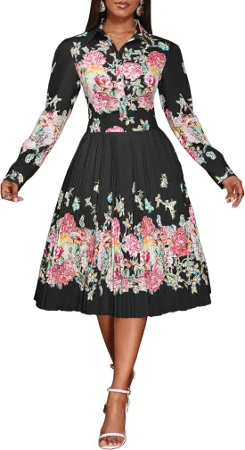 VERWIN Lapel Three-Quarter Sleeve Knee Length Pleated Floral Women's Sheath Dress