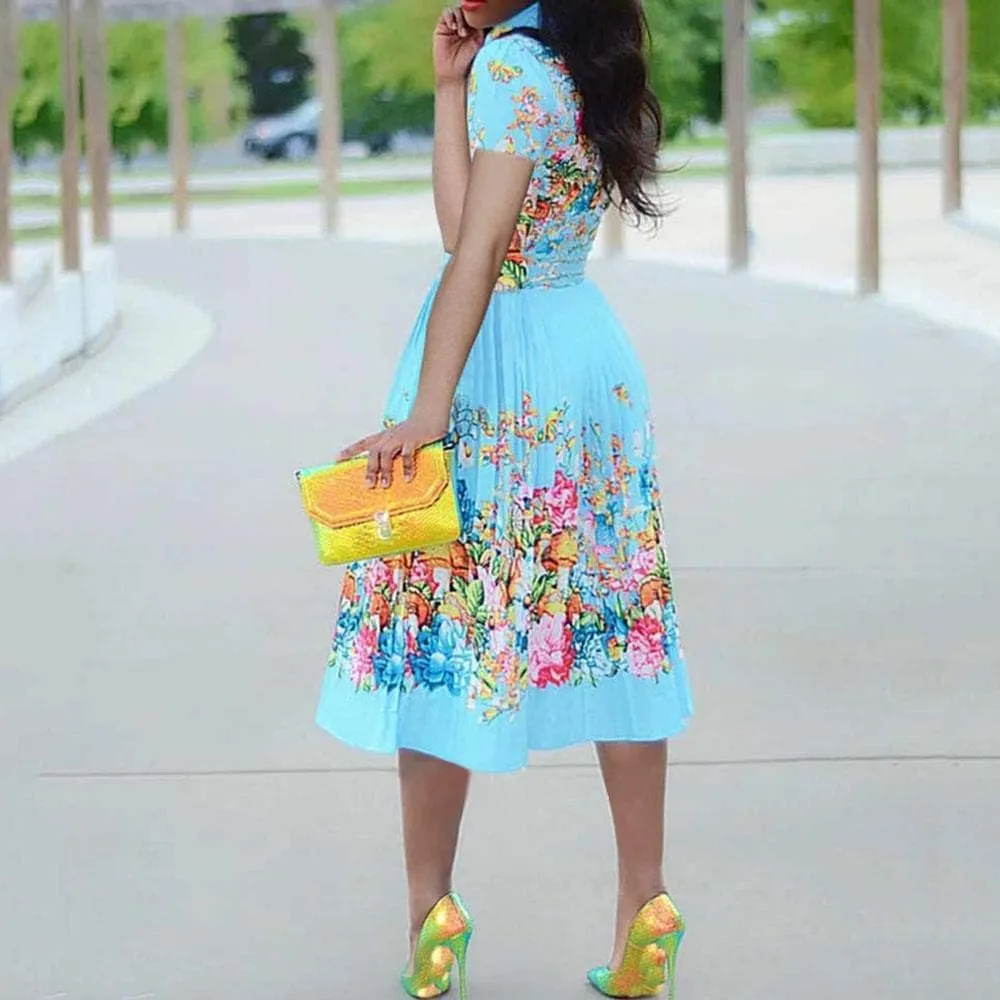VERWIN Lapel Three-Quarter Sleeve Knee Length Pleated Floral Women's Sheath Dress