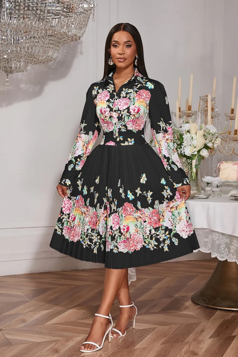 VERWIN Lapel Three-Quarter Sleeve Knee Length Pleated Floral Women's Sheath Dress