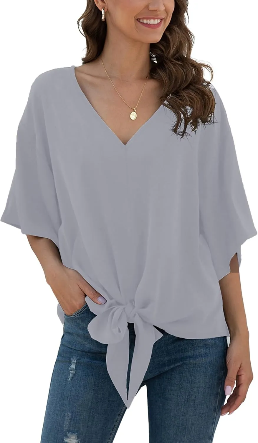 VIISHOW Womens Tie Front Chiffon Blouses V Neck Batwing Short Sleeve Summer Tops Shirts