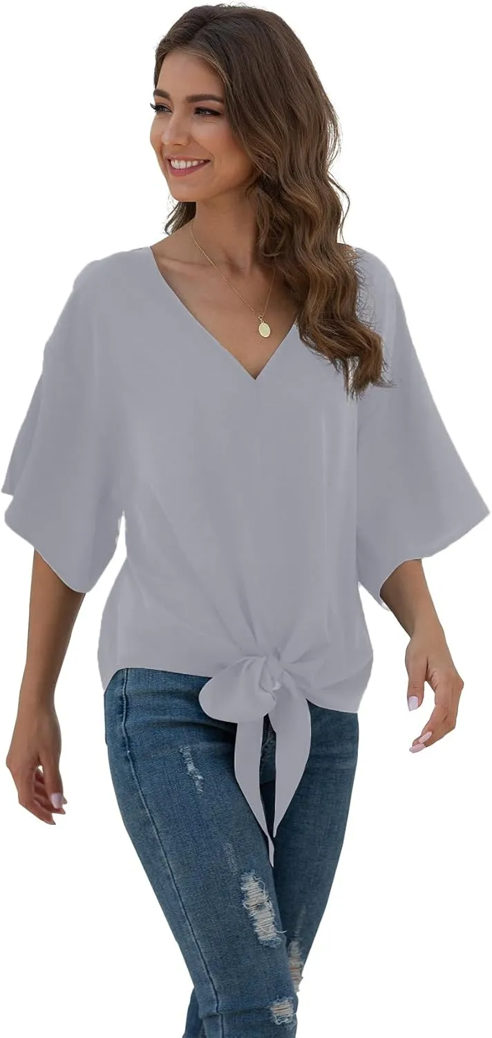 VIISHOW Womens Tie Front Chiffon Blouses V Neck Batwing Short Sleeve Summer Tops Shirts