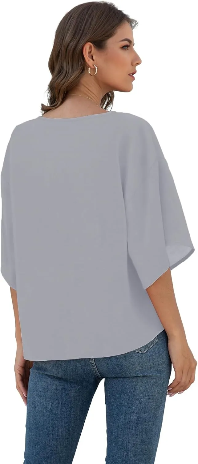 VIISHOW Womens Tie Front Chiffon Blouses V Neck Batwing Short Sleeve Summer Tops Shirts