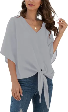 VIISHOW Womens Tie Front Chiffon Blouses V Neck Batwing Short Sleeve Summer Tops Shirts