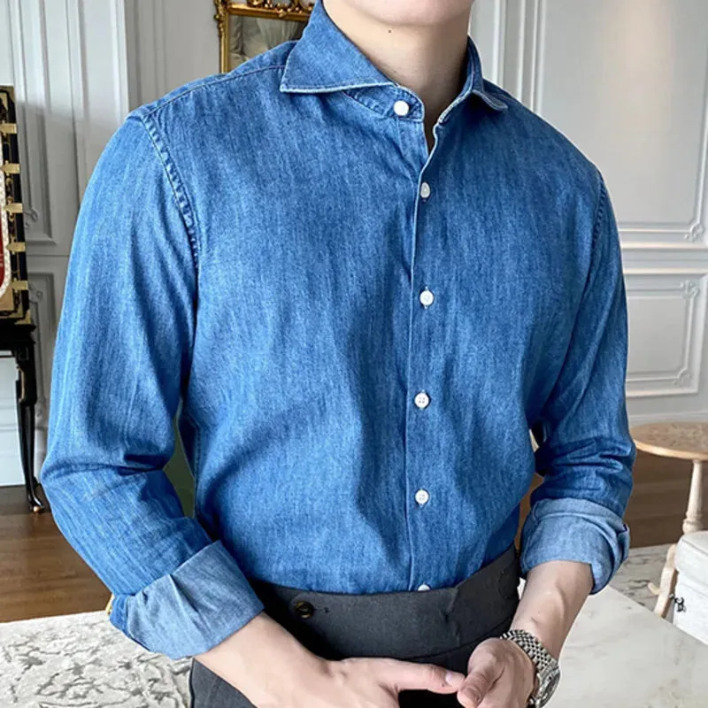 Wiaofellas  -  Denim Blue Men Casual Washed Shirt Long Sleeve High Quality Solid Color Shirts Men Office Tuxedo  Shirt Social Herren Hemd