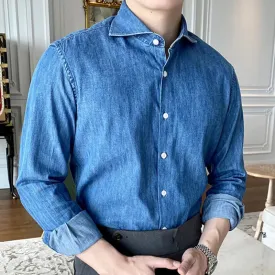 Wiaofellas  -  Denim Blue Men Casual Washed Shirt Long Sleeve High Quality Solid Color Shirts Men Office Tuxedo  Shirt Social Herren Hemd