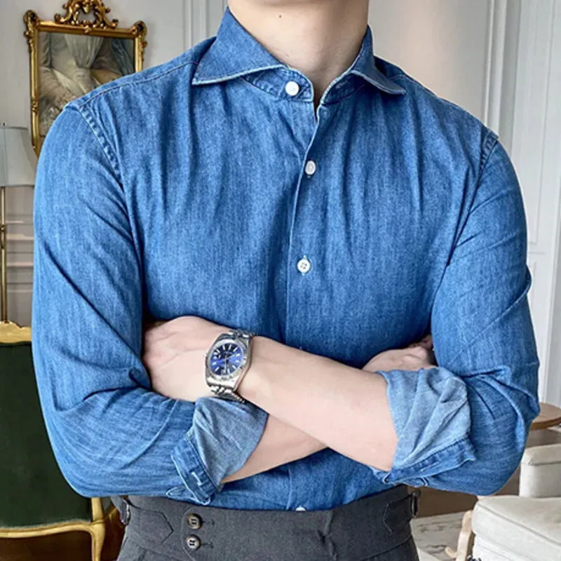 Wiaofellas  -  Denim Blue Men Casual Washed Shirt Long Sleeve High Quality Solid Color Shirts Men Office Tuxedo  Shirt Social Herren Hemd