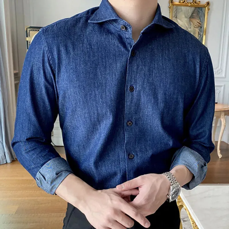 Wiaofellas  -  Denim Blue Men Casual Washed Shirt Long Sleeve High Quality Solid Color Shirts Men Office Tuxedo  Shirt Social Herren Hemd