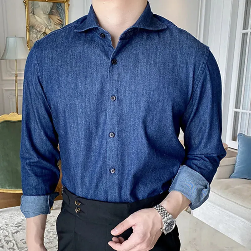 Wiaofellas  -  Denim Blue Men Casual Washed Shirt Long Sleeve High Quality Solid Color Shirts Men Office Tuxedo  Shirt Social Herren Hemd