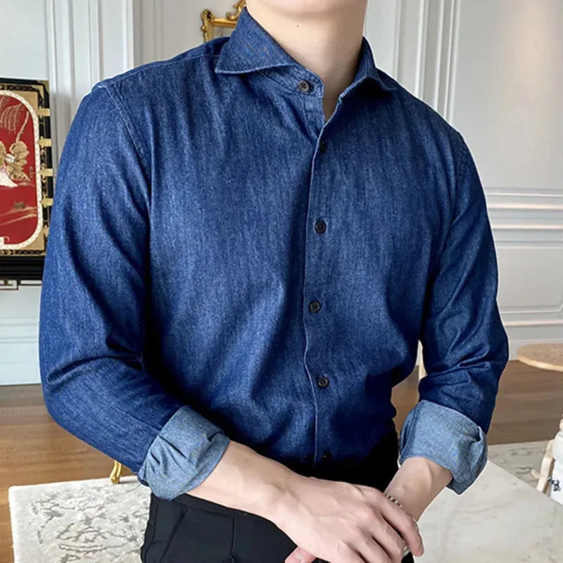 Wiaofellas  -  Denim Blue Men Casual Washed Shirt Long Sleeve High Quality Solid Color Shirts Men Office Tuxedo  Shirt Social Herren Hemd