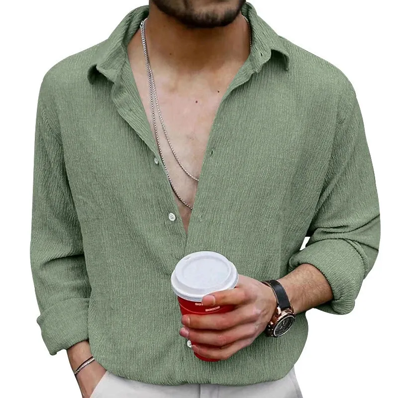 Wiaofellas  -  Linen Shirts For Men Vintage Clothing Long Sleeve Button Lapel Beach Shirt Autumn Casual New Clothing Men's Vintage Solid Shirt