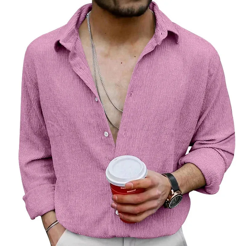 Wiaofellas  -  Linen Shirts For Men Vintage Clothing Long Sleeve Button Lapel Beach Shirt Autumn Casual New Clothing Men's Vintage Solid Shirt