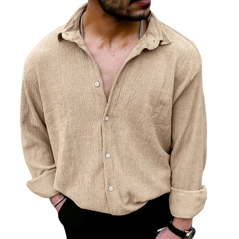 Wiaofellas  -  Linen Shirts For Men Vintage Clothing Long Sleeve Button Lapel Beach Shirt Autumn Casual New Clothing Men's Vintage Solid Shirt
