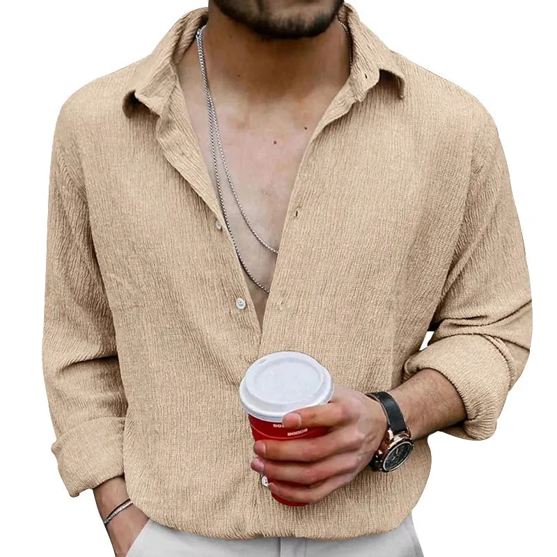 Wiaofellas  -  Linen Shirts For Men Vintage Clothing Long Sleeve Button Lapel Beach Shirt Autumn Casual New Clothing Men's Vintage Solid Shirt