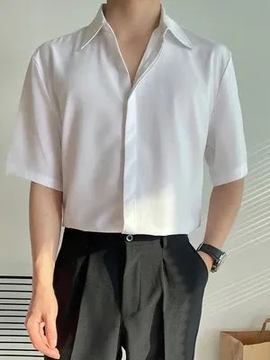 Wiaofellas  -  Luxury Ice Silk White Solid Shirts Men's Oversize Casual Short Sleeve Cardigan Fashion Spring Summer Blouses Unisex Gray Tops