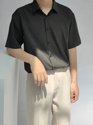 Wiaofellas  -  Luxury Ice Silk White Solid Shirts Men's Oversize Casual Short Sleeve Cardigan Fashion Spring Summer Blouses Unisex Gray Tops