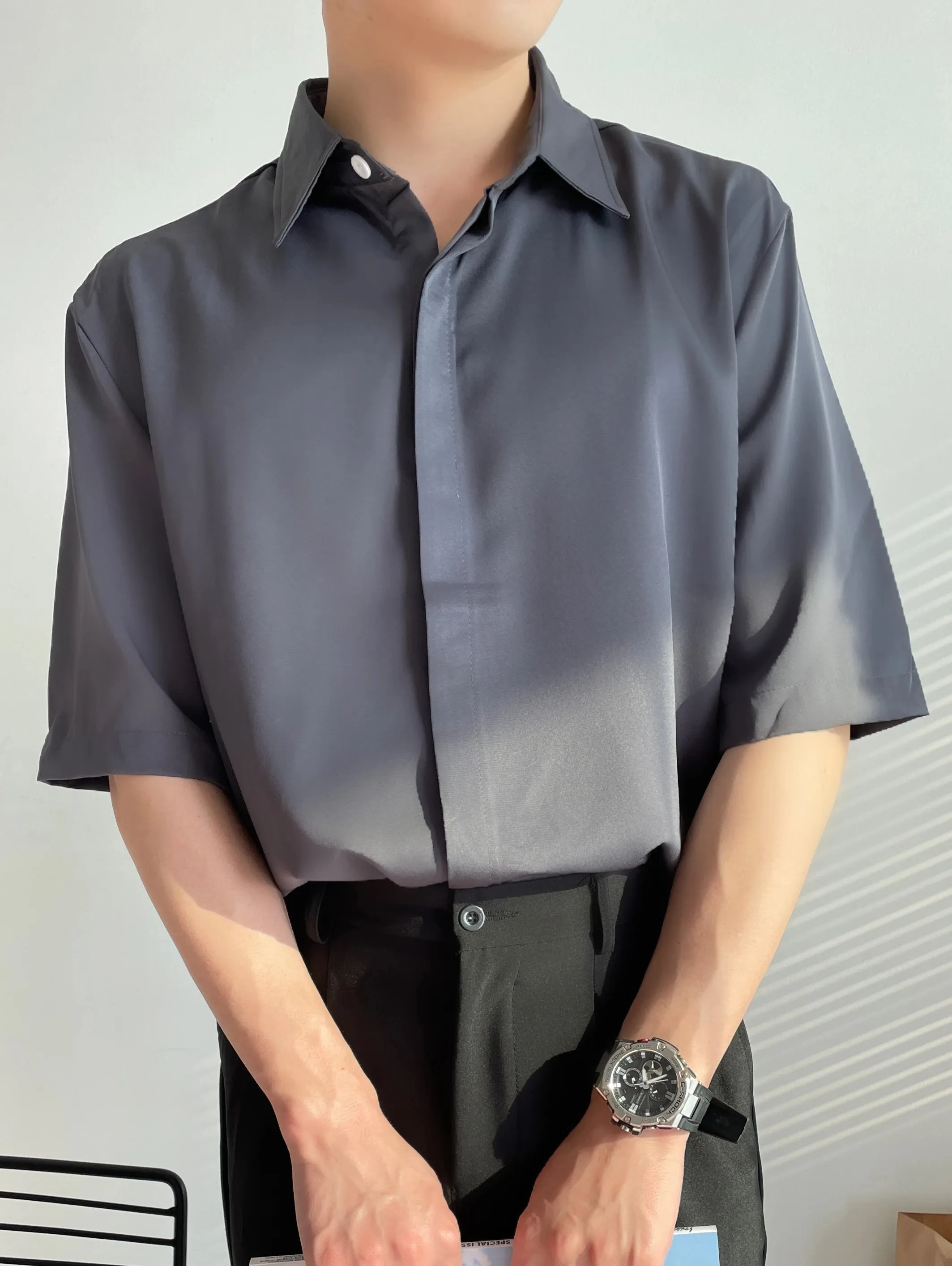 Wiaofellas  -  Luxury Ice Silk White Solid Shirts Men's Oversize Casual Short Sleeve Cardigan Fashion Spring Summer Blouses Unisex Gray Tops