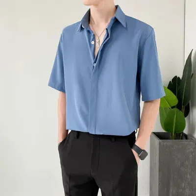 Wiaofellas  -  Luxury Ice Silk White Solid Shirts Men's Oversize Casual Short Sleeve Cardigan Fashion Spring Summer Blouses Unisex Gray Tops