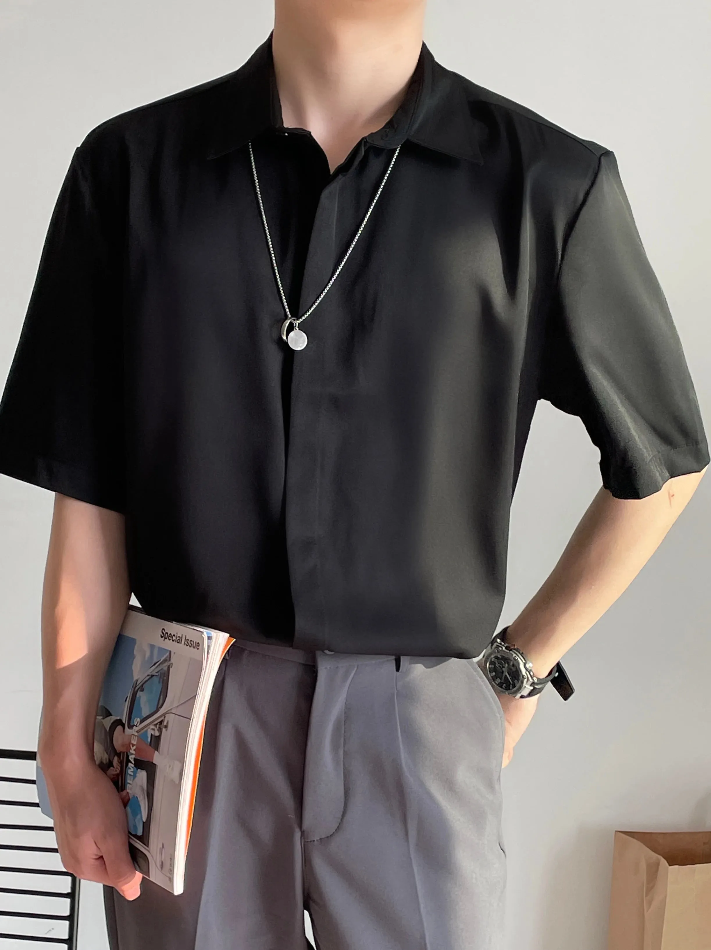 Wiaofellas  -  Luxury Ice Silk White Solid Shirts Men's Oversize Casual Short Sleeve Cardigan Fashion Spring Summer Blouses Unisex Gray Tops