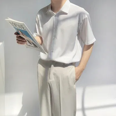 Wiaofellas  -  Luxury Ice Silk White Solid Shirts Men's Oversize Casual Short Sleeve Cardigan Fashion Spring Summer Blouses Unisex Gray Tops
