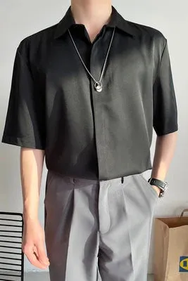 Wiaofellas  -  Luxury Ice Silk White Solid Shirts Men's Oversize Casual Short Sleeve Cardigan Fashion Spring Summer Blouses Unisex Gray Tops