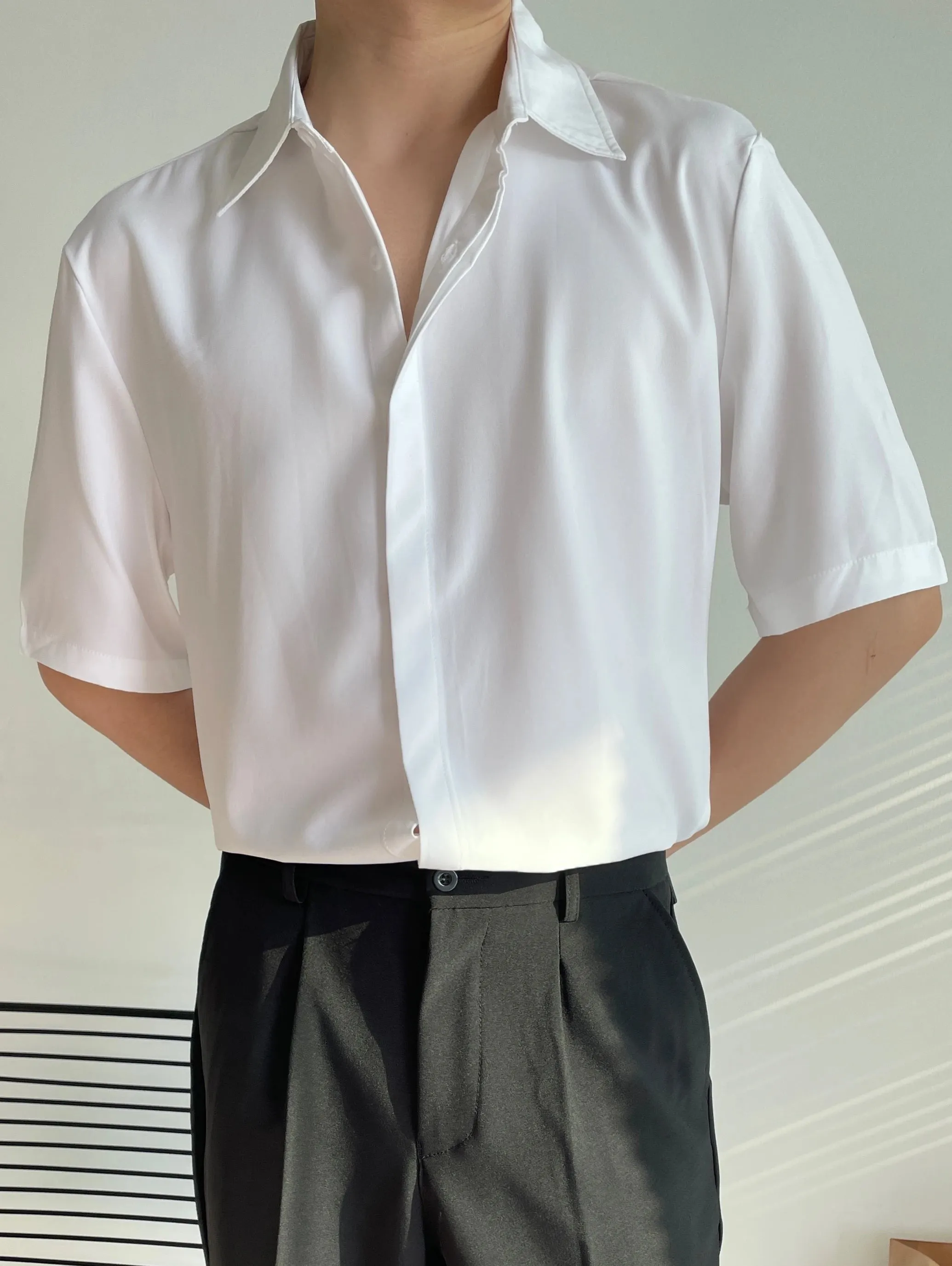 Wiaofellas  -  Luxury Ice Silk White Solid Shirts Men's Oversize Casual Short Sleeve Cardigan Fashion Spring Summer Blouses Unisex Gray Tops