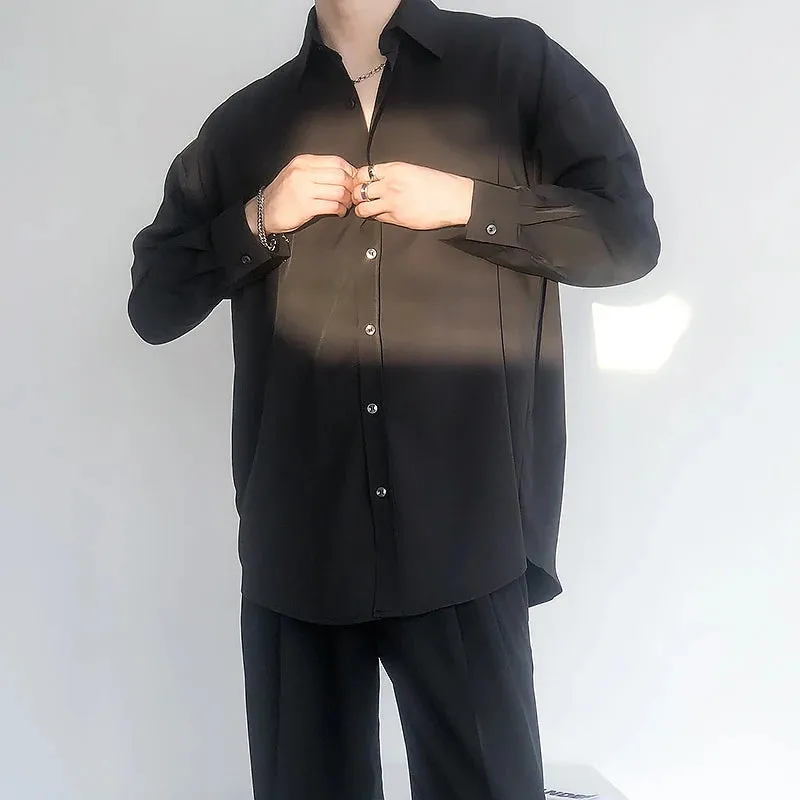 Wiaofellas  -  Men Anti Wrinkle Handsome Luxury Ice Silk Top Blouse Coffee Green Solid Plain Quality Ins England Vintage Long Sleeve Boy Shirts