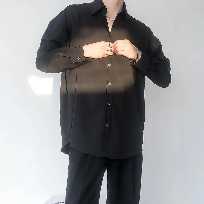 Wiaofellas  -  Men Anti Wrinkle Handsome Luxury Ice Silk Top Blouse Coffee Green Solid Plain Quality Ins England Vintage Long Sleeve Boy Shirts