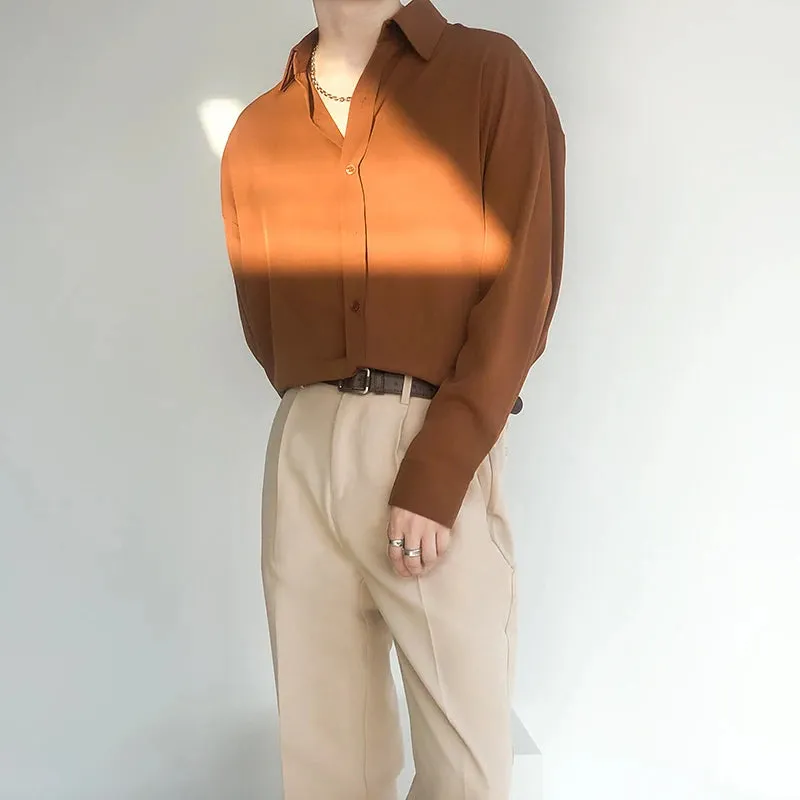 Wiaofellas  -  Men Anti Wrinkle Handsome Luxury Ice Silk Top Blouse Coffee Green Solid Plain Quality Ins England Vintage Long Sleeve Boy Shirts